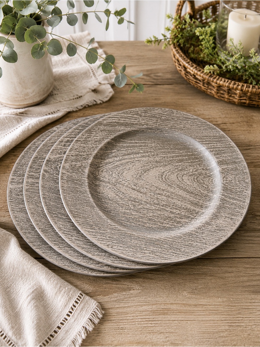 Set of 4 Gray Faux Wood Charger Plates 13” Plastic Rustic Farmhouse Table